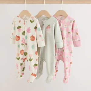Sage Green Pumpkin Two-Way Zip Baby Sleepsuits 3 Pack