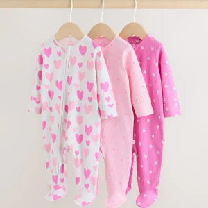 Pink 3 Pack Two-Way Zip Baby Sleepsuits