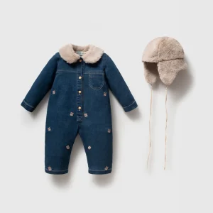 Cozy Denim Romper & Winter Hat Set
