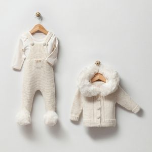 Ivory Fur-Trimmed Knit Overall & Cardigan Set