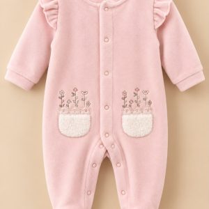 Pink Floral Pocket Ruffle Footed Baby Overall