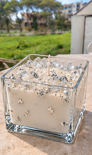 Diamond Frost decorative premium soy wax candle in a square glass cup